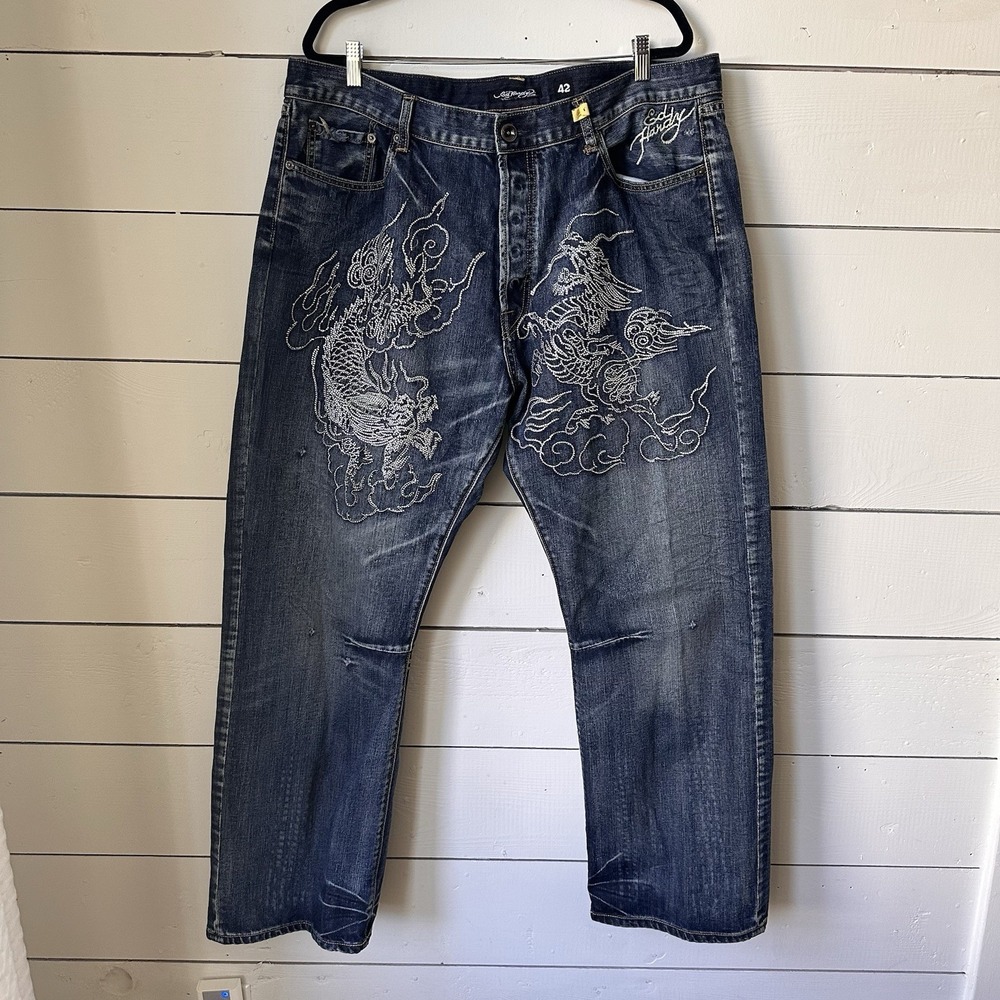 Ed Hardy Rhinestone Dragons‎ Big Logo Jeans Size 42 X 32 Y2K Grunge Streetwear